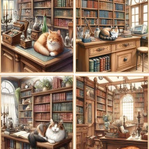 May include: Four-panel image of cozy library scenes. Each scene features a cat resting on a wooden desk or shelf, surrounded by bookshelves filled with books. The rooms are decorated with antique furniture, candles, and decorative items.