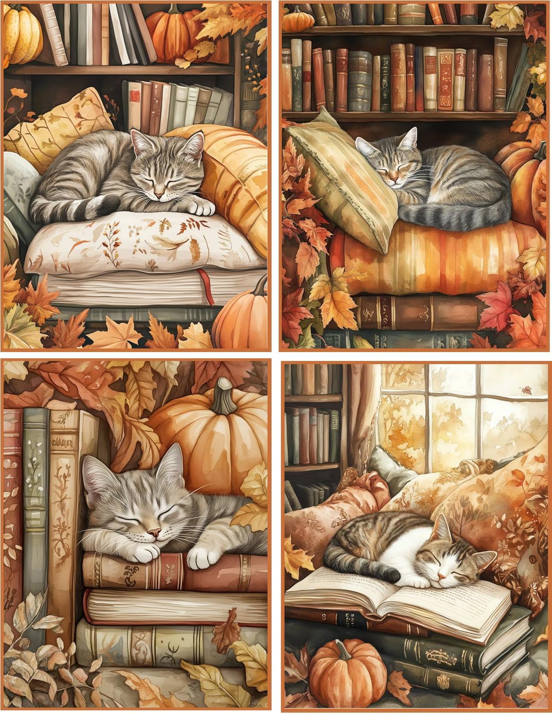 8 Assorted Fall Autumn Cat Books Pumpkins Glossy Blank Fold Out Note ...