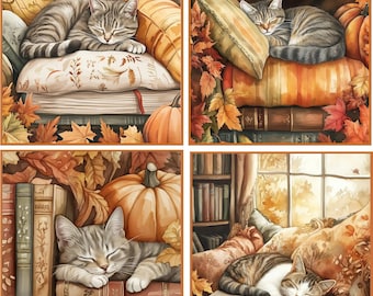 8 assorted Fall Autumn Cat Books Pumpkins glossy blank fold out Note Card with envelopes and organza bag