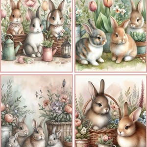 8 Bunny Rabbit Family fantasy Vintage Whimsical glossy blank fold out note card with envelopes and organza bag