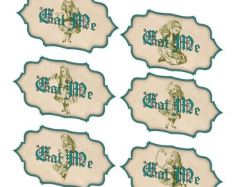 Alice in Wonderland 10 large eat me glossy laminated labels stickers party decoration