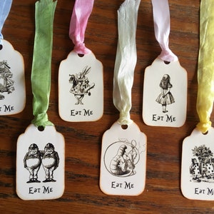 Alice in Wonderland Eat Me, Drink Me, Take Me, Open Me 12 party tags vintage inspired ribbon image 2
