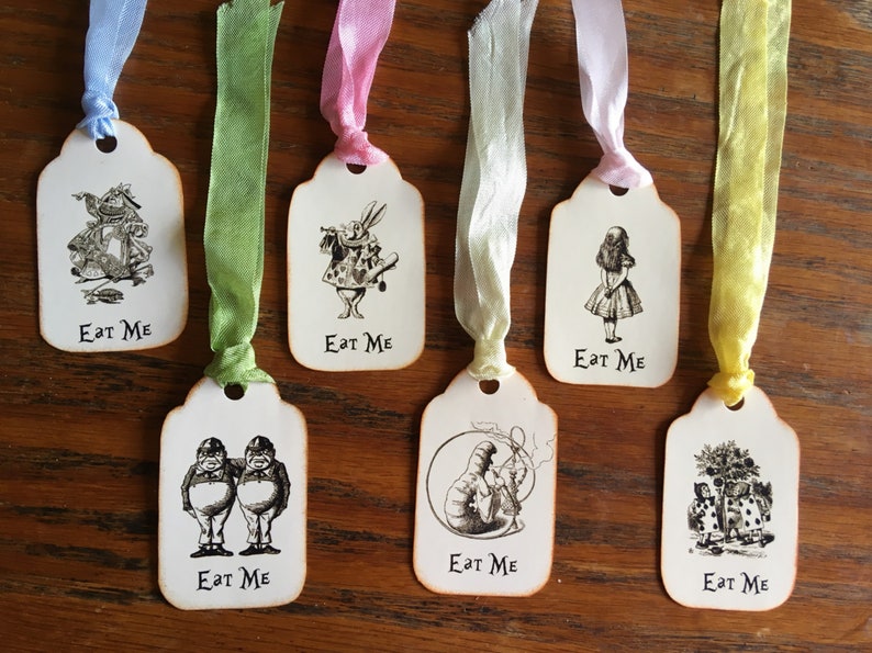 Alice in Wonderland Eat Me, Drink Me, Take Me, Open Me 12 party tags vintage inspired ribbon image 2