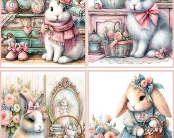 8 Bunny Rabbit Shabby Chic Roses Flowers glossy blank fold out Note Card with envelopes and organza bags