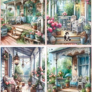 8 Cat Kitten Shabby Chic Vintage Country Porch Glossy Blank Note Cards ...