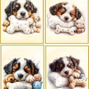 May include: Four watercolor prints of sleeping puppies. Each puppy is resting on a pillow or bone-shaped toy, surrounded by small stuffed animals. The puppies have black, brown, and white fur. The background is a soft, off-white color.