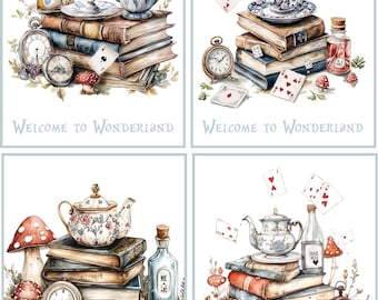 8 Alice in Wonderland Tea Party invitation note card flying cards tea pot Wedding Shower Birthday glossy blank card with envelopes