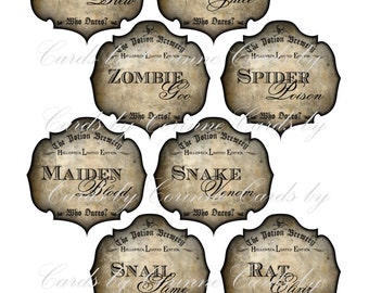 Halloween steampunk potion bottle label sticker set of 8 zombie spider snail glossy laminated adhesive