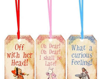 Alice in Wonderland 6 bookmarks laminated silk ribbons party favor