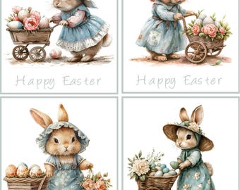 8 Easter Cards Bunny Rabbit with Cart Easter Eggs Flowers glossy blank fold out cards with envelopes