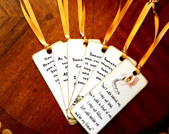 Winnie the Pooh 6 bookmarks with classic quotes baby shower party favor silk ribbon