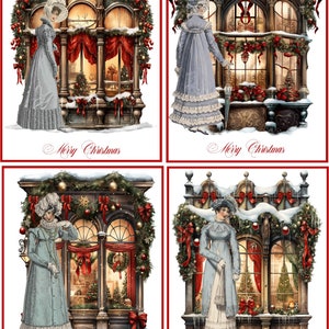 May include: Four vintage Christmas cards featuring a woman in a blue dress standing in front of a storefront decorated with greenery, red bows, and snow. Each card has the text "Merry Christmas" at the bottom.