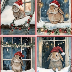8 Christmas bunny rabbit with hat in front of window glossy blank fold out card with red envelopes