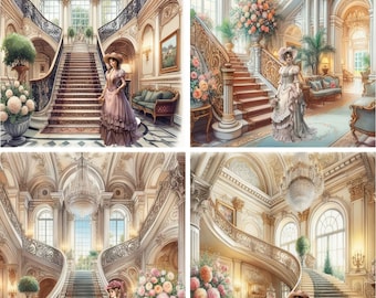 8 Victorian Vintage Ladies Women staircases glossy blank cards with envelopes and organza bag