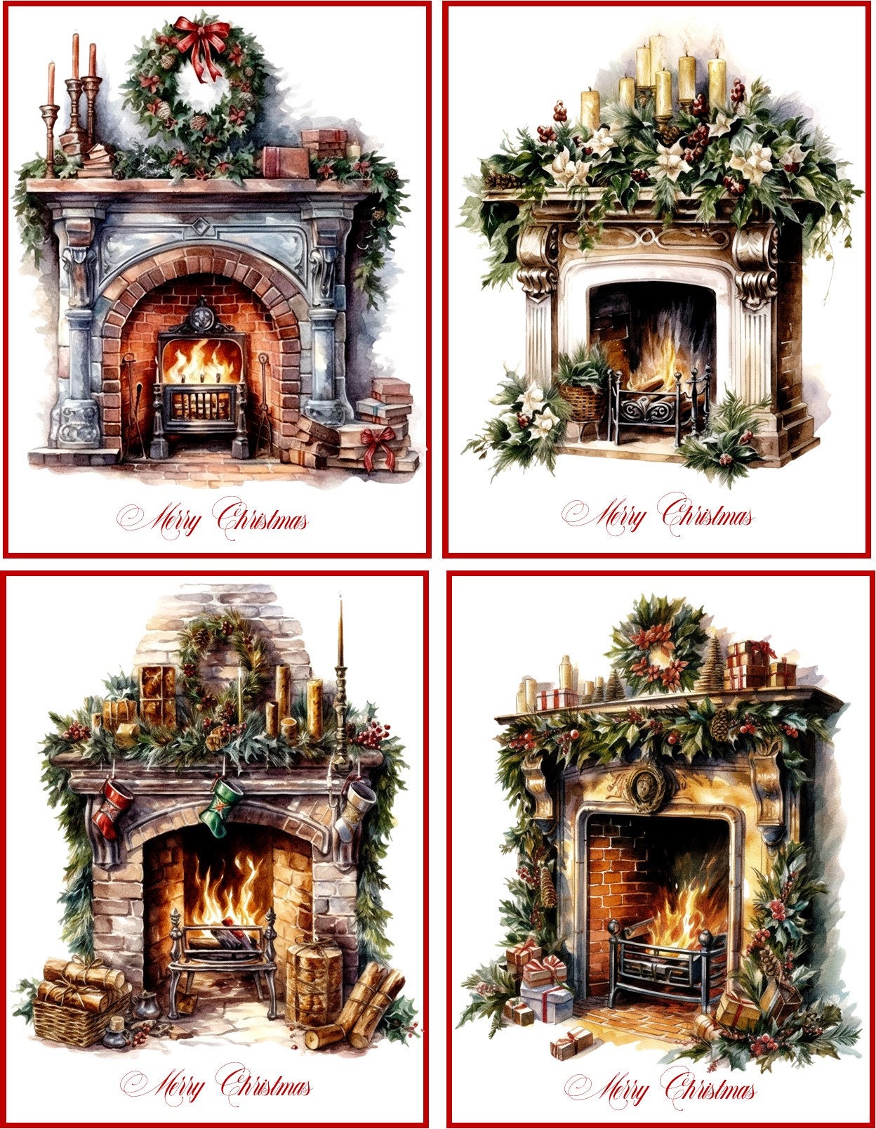 Christmas Holiday Vintage Victorian Fireplace Watercolor Glossy 8
