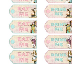 Alice in Wonderland 20 eat me or drink me party tags laminated with silk ribbon you choose