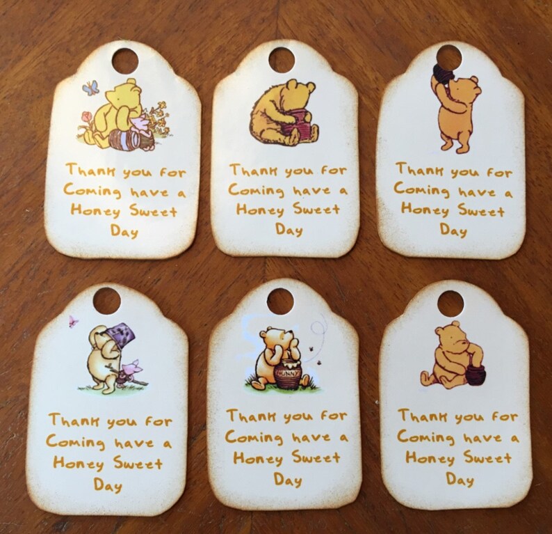 Classic Winnie the Pooh 12 party favor tags and 12 honey dippers Baby Shower Birthday