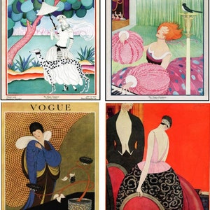 May include: Four vintage Vogue magazine covers featuring illustrations of women in various poses and settings. The covers are from June 17, 1921, October 15, 1920, June 1, 1921, and Sept. 1, 1920.