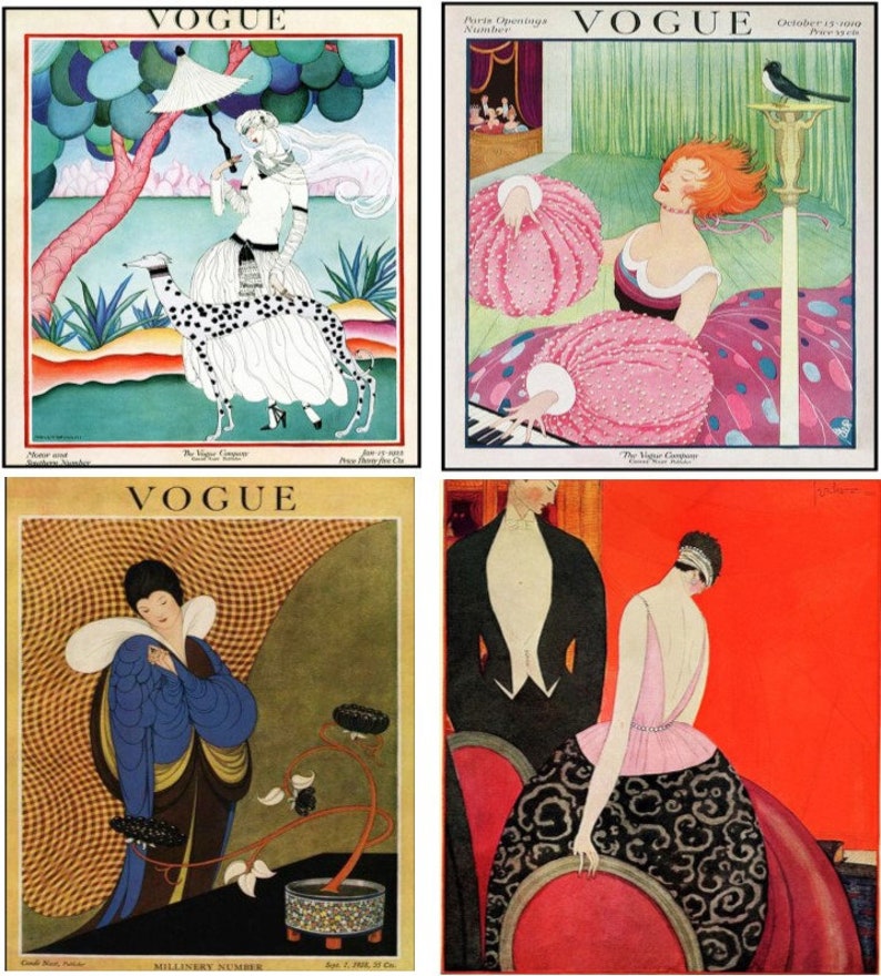 May include: Four vintage Vogue magazine covers featuring illustrations of women in various poses and settings. The covers are from June 17, 1921, October 15, 1920, June 1, 1921, and Sept. 1, 1920.