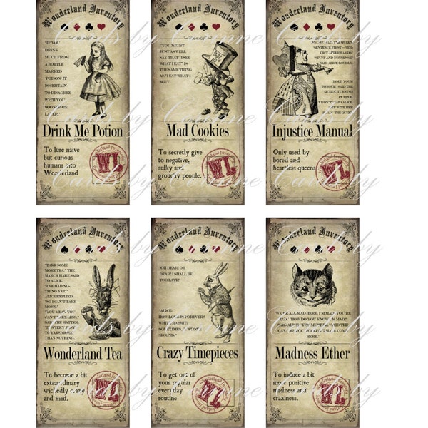 Alice in Wonderland bottle apothecary party label set of 6 laminated glossy adhesive