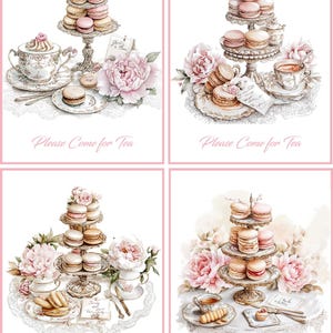 May include: Watercolor illustration of four cards featuring tea party scenes. Each scene includes a tiered stand of macarons, teacups, and pink peonies. The text "Please Come for Tea" is at the bottom of each card.
