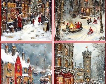 May include: Four winter scene paintings. The top left shows a snowy street with shops and people. The top right depicts a cabin with a bonfire and children sledding. The bottom left shows a harbor scene with red houses. The bottom right shows a street with horse-drawn carriages.