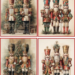 May include: Four square images featuring watercolor illustrations of toy nutcracker soldiers. The nutcrackers are dressed in red, gold, and black uniforms with tall hats. Some hold staffs or other accessories. Christmas decor is in the background.