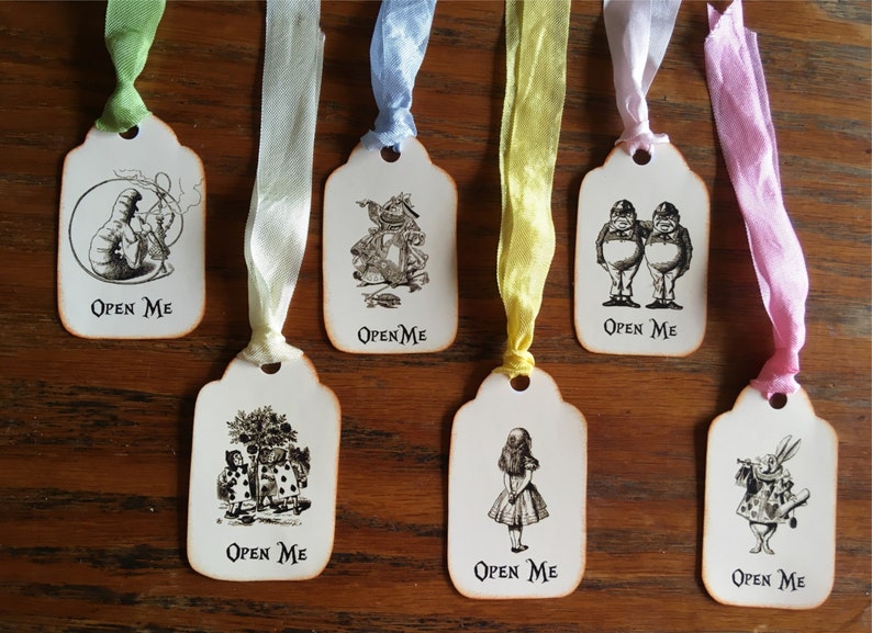 Alice in Wonderland Eat Me, Drink Me, Take Me, Open Me 12 party tags vintage inspired ribbon image 5