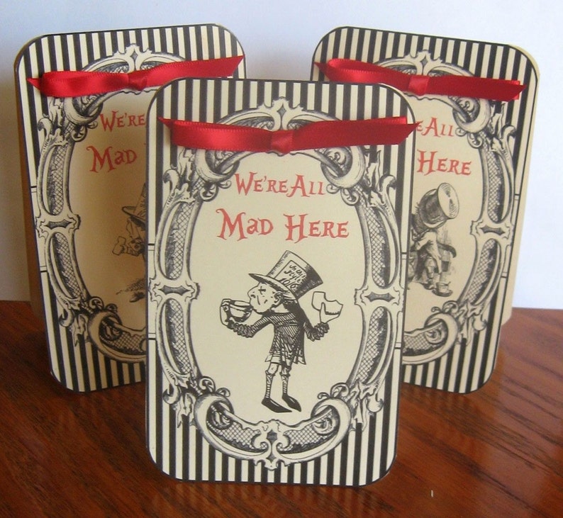Alice in Wonderland Mad Hatter tea party tent table cards party decoration set of 8 silk ribbons