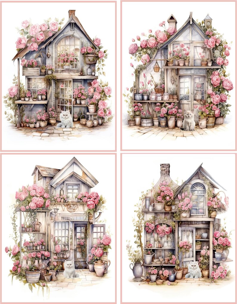 8 Cottages With Pink Roses and Cat Shabby Chic Vintage Fantasy Fold Out ...
