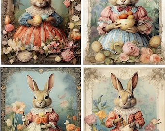 8 Easter Bunny Rabbit Vintage Easter Victorian Easter Eggs Baskets glossy blank fold out card with envelopes