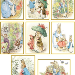 May include: A collection of six vintage illustrations featuring Peter Rabbit and his family. The illustrations depict Peter Rabbit in various scenes, including gardening, wearing a hat, and playing with his siblings. The illustrations are in a watercolor style and feature a light, whimsical feel.