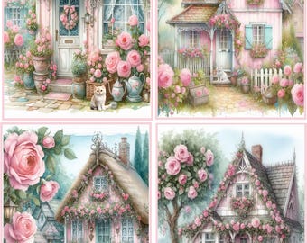8 Pink Houses Shabby Chic Fantasy Cat Roses blank Glossy Fold Out Note Card with envelopes and organza bag