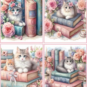 May include: Four watercolor images featuring fluffy cats with floral accents, resting on stacks of vintage books. Soft pink and blue tones dominate, with roses and butterflies adding to the whimsical aesthetic. The books have ornate details.