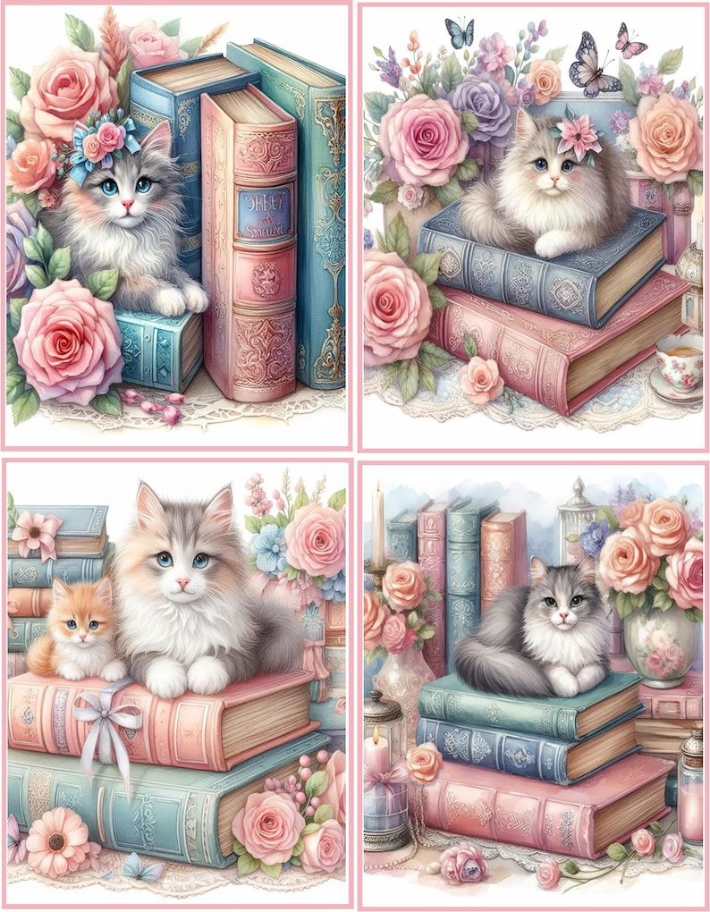May include: Four watercolor images featuring fluffy cats with floral accents, resting on stacks of vintage books. Soft pink and blue tones dominate, with roses and butterflies adding to the whimsical aesthetic. The books have ornate details.