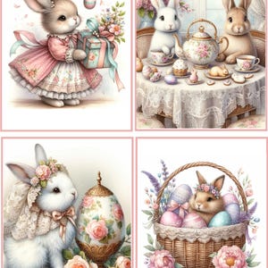 May include: Four watercolor illustrations featuring Easter bunnies. One bunny holds a gift box and wears a pink dress. Another illustration shows bunnies at a tea party. A third shows a bunny with an egg. The last shows a bunny in a basket with eggs.