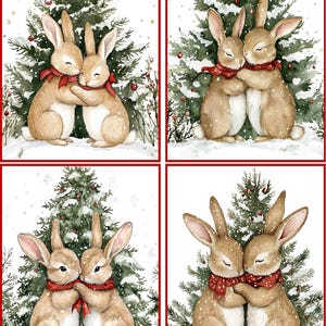 8 Christmas Bunny Rabbit hugging Christmas tree fantasy glossy blank fold out card with red envelopes