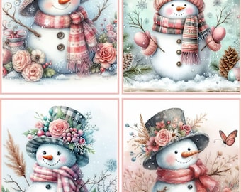 8 tarjetas desplegables brillantes en blanco con sobres y diseño shabby chic de muñecos de nieve navideños