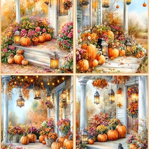 May include: A collage of four images depicting a cozy autumn scene. Each image shows a porch decorated with pumpkins, flowers, and lanterns. The color palette is warm, featuring orange, yellow, and pink hues, evoking a festive fall atmosphere.