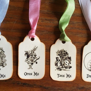 Alice in Wonderland Eat Me, Drink Me, Take Me, Open Me 12 party tags vintage inspired ribbon image 1