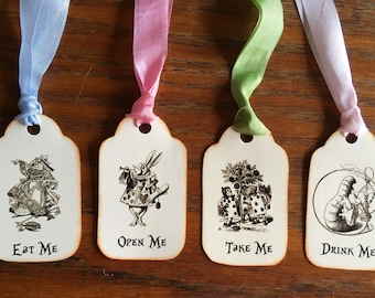 Alice in Wonderland Eat Me, Drink Me, Take Me, Open Me 12 party tags vintage inspired ribbon