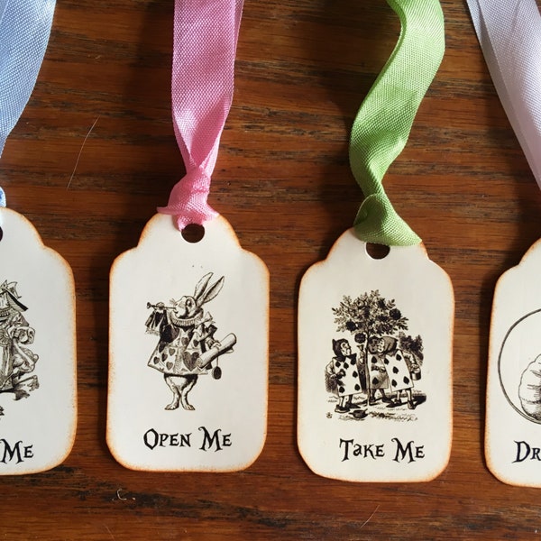 Alice in Wonderland Eat Me, Drink Me, Take Me, Open Me 12 party tags vintage inspired ribbon