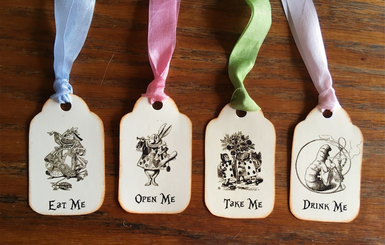 Alice in Wonderland Eat Me, Drink Me, Take Me, Open Me 12 party tags vintage inspired ribbon image 1