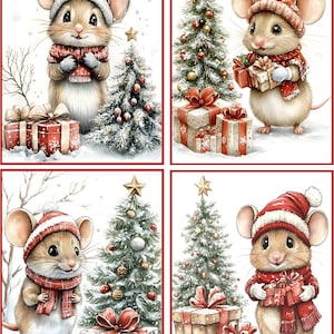 8 Christmas Mice Mouse Christmas Tree Presents fantasy glossy blank fold out card with red envelopes