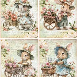 8 Floral Bunny Rabbit Flower Cart Easter Vintage glossy fold out blank cards envelopes organza bag.