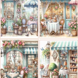 May include: Four illustrations of charming Parisian cafes with pastel blue and white exteriors, featuring floral accents, outdoor seating, and pastries. The cafes have names like "Cafe" and "G. & J.C."