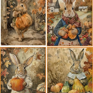 May include: Watercolor paintings of anthropomorphic rabbits in autumnal settings. Each rabbit is depicted with pumpkins, gourds, and fall foliage. The artwork evokes a harvest theme, with warm colors and a whimsical style.
