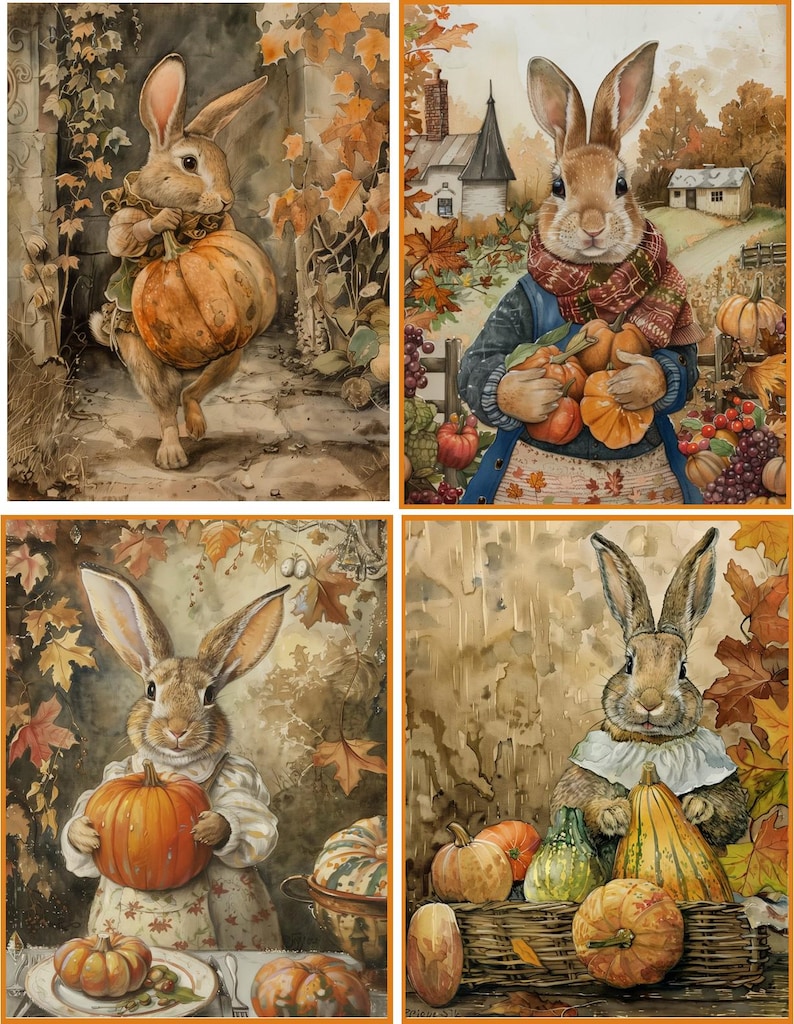 Autumn Watercolor Rabbit 8 Assorted Peter Rabbit Fall Autumn Pumpkins Thanksgiving Glossy Blank ...
