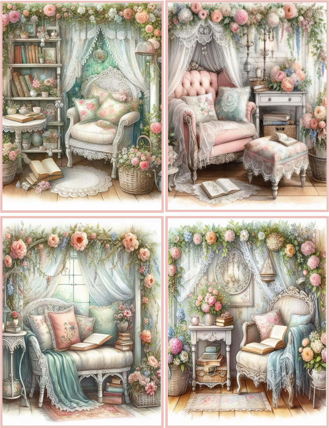 8 Assorted Shabby Chic Sitting Nook Book Reading Room Glossy Blank Fold ...