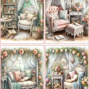 May include: A watercolor illustration of four cozy, vintage-style reading nooks. Each scene features floral arrangements, ornate furniture, books, and soft lighting, creating a romantic and inviting atmosphere. The color palette includes pastel pinks, blues, and greens.